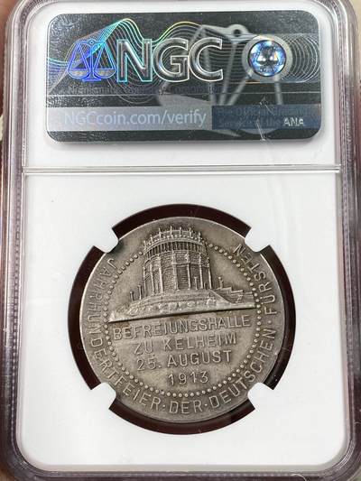 万国钱币拍卖第061期（马年首拍） NGC MS62 1913年德国普鲁士威廉二世纪念凯尔海姆解放大厅纪念碑暨普鲁士帝国百年银章 罕见珍稀品种 凯尔海姆解放纪念碑还有一款路德维希一世 威廉二世更为稀少 NGC唯一冠军分