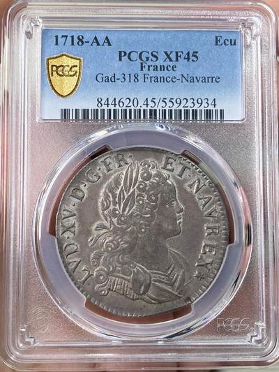 万国钱币拍卖第061期（马年首拍） - PCGS XF45 1718年法国“宠儿路易”路易十五世1埃居大银币 极罕见AA梅茨厂铸造 全深打欧陆酱彩 无减重痕更是极其难得 PCGS唯一冠军 其难度可见一斑 
