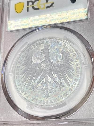 万国钱币拍卖第061期（马年首拍） PCGS MS62 1848德国法兰克福自由市宪法纪念2古尔登银币 经典双头鹰设计 浓厚五彩好品