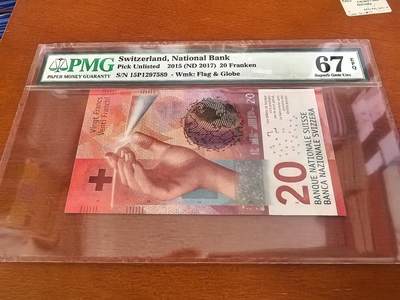 长老汇蛇年精选第一百场拍卖 - 2015瑞士20法郎纸钞，PMG 67