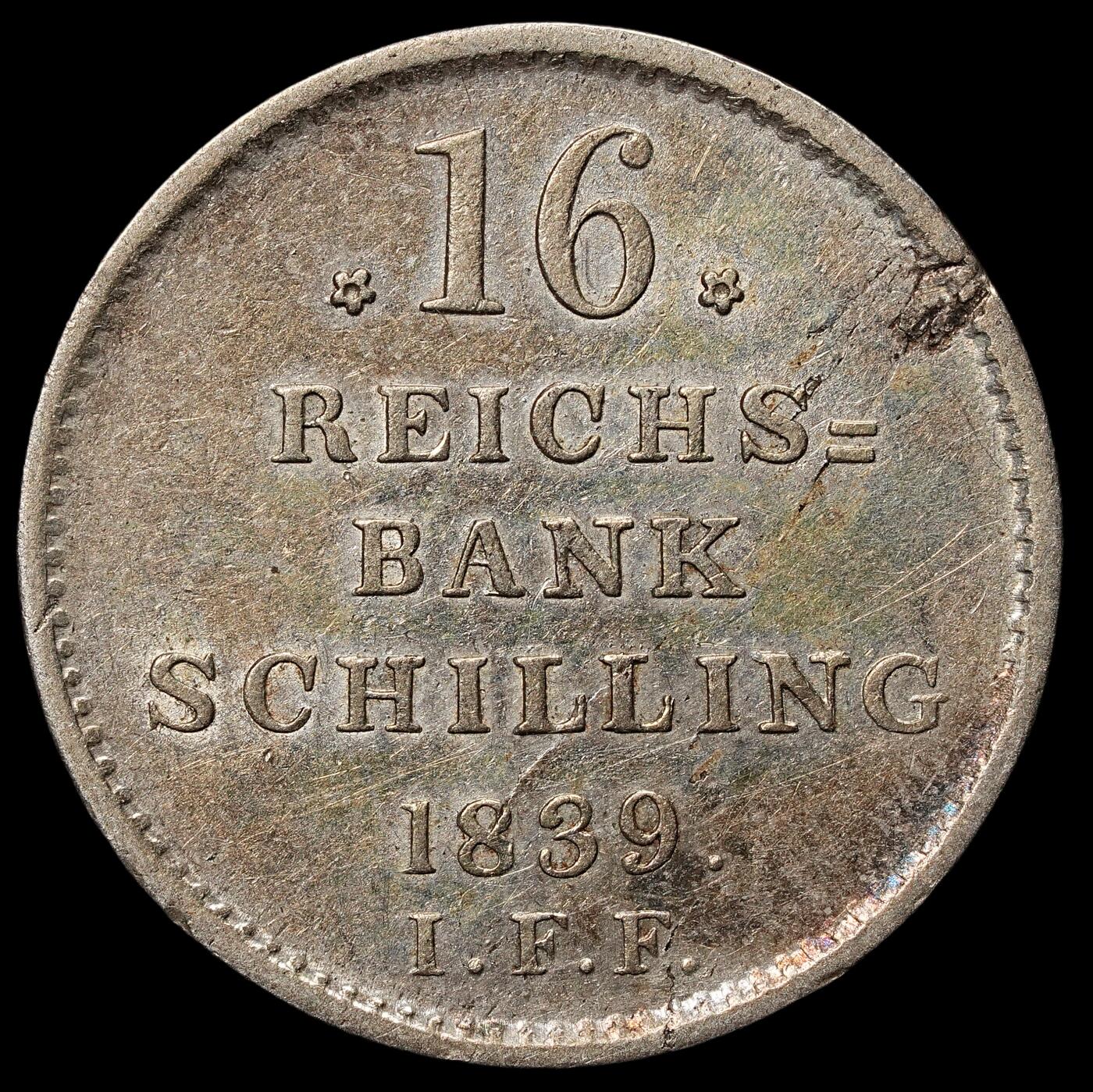 修遠堂世界钱币第105期，马年首拍 1839年石勒苏益格 - 荷尔斯泰因公国 16帝国银行先令银币，3.99g