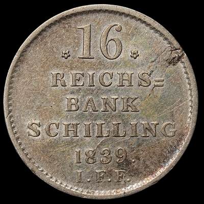 修遠堂世界钱币第105期，马年首拍 - 1839年石勒苏益格 - 荷尔斯泰因公国 16帝国银行先令银币，3.99g