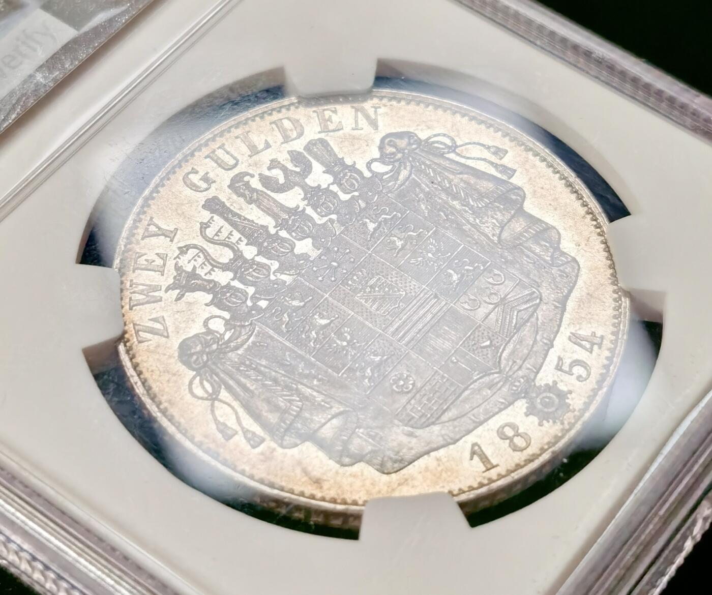 “福币呈祥”新年甄品场（直播拍卖）甄臻铺-世界币章拍卖（第50期），送拍享返佣金等优惠多多 NGC-MS61 1854年德国萨克森-梅宁根2古尔登大银币 罕见小邦品种 暴力十字转光银霜满满，低评高性价比