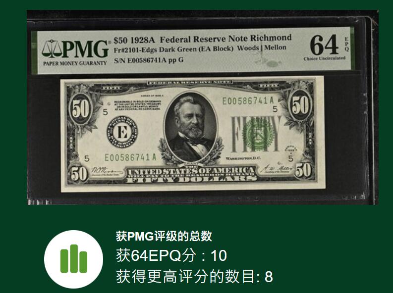 【礼羽收藏】🌏世界钱币拍卖125期  【Richmond首发冠A 深绿色Dark Green】1928A年 50美 PMG64EPQ