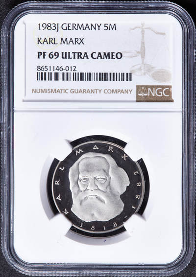 【俄甄集藏】马年新春第一拍 2026年(048)02-25星期三 晚 19:30 全场包邮 - 德国1983年纪念卡尔·马克思逝世100周年5马克精制银币，NGC PF69UC，冠军分