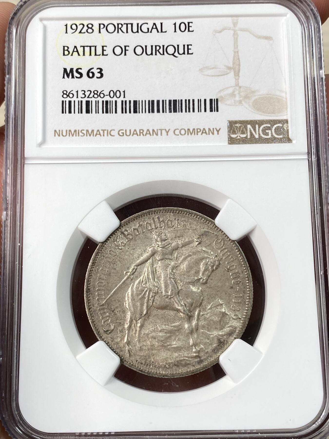 万国钱币拍卖第061期（马年首拍） NGC MS63 1928年葡萄牙欧里基战役纪念10E银币 原味包浆也掩盖不住的十字转光迸发