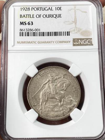 万国钱币拍卖第061期（马年首拍） - NGC MS63 1928年葡萄牙欧里基战役纪念10E银币 原味包浆也掩盖不住的十字转光迸发