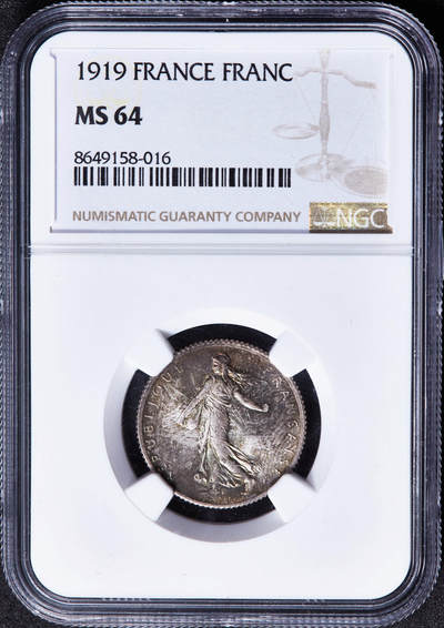 【俄甄集藏】马年新春第一拍 2026年(048)02-25星期三 晚 19:30 全场包邮 - 法国1919年播种女神1法郎银币，NGC MS64，名家罗蒂作品，黄油彩转光品相
