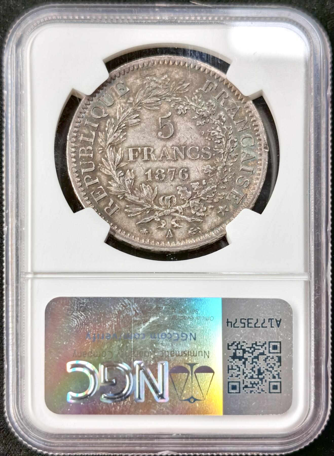 “福币呈祥”新年甄品场（直播拍卖）甄臻铺-世界币章拍卖（第50期），送拍享返佣金等优惠多多 NGC-UNC 1876年法国5法郎大银币 正面转光 背面包浆厚彩 适当养护可搏分