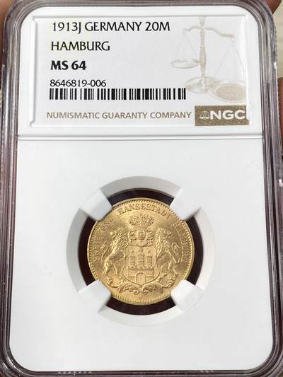 万国钱币拍卖第061期（马年首拍） - NGC MS64 1913年德国汉堡双狮护盾长翅流通20马克金币 经典自由市名品 无论光度还是底板都无可挑剔 7.96g 900金