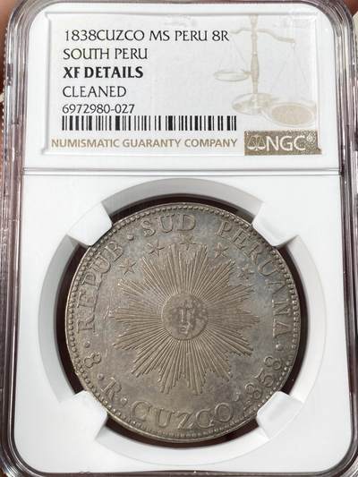 万国钱币拍卖第061期（马年首拍） - NGC XFD 1838年南秘鲁太阳脸8瑞尔大银 南美洲名誉品种 好品罕见 深打原味酱彩难得