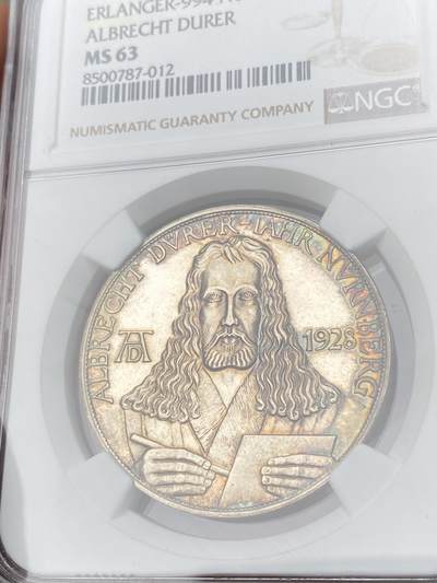 万国钱币拍卖第061期（马年首拍） NGC MS63 1928年德国版画画仙丢勒逝世400周年纪念银章 精制镜面原味五彩环绕极美