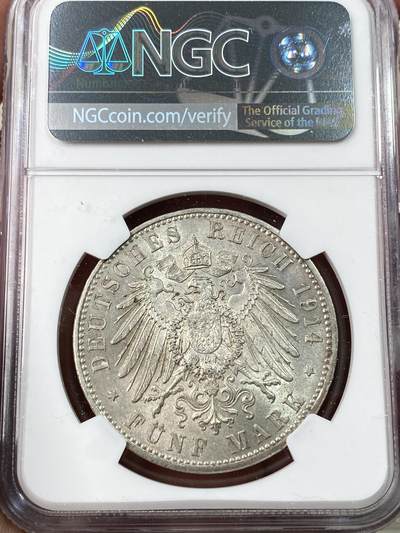 万国钱币拍卖第061期（马年首拍） NGC MS63 1914德国巴伐利亚路德维希三世流通长翅5马克 车轮转光收藏级品相 难得流通好品