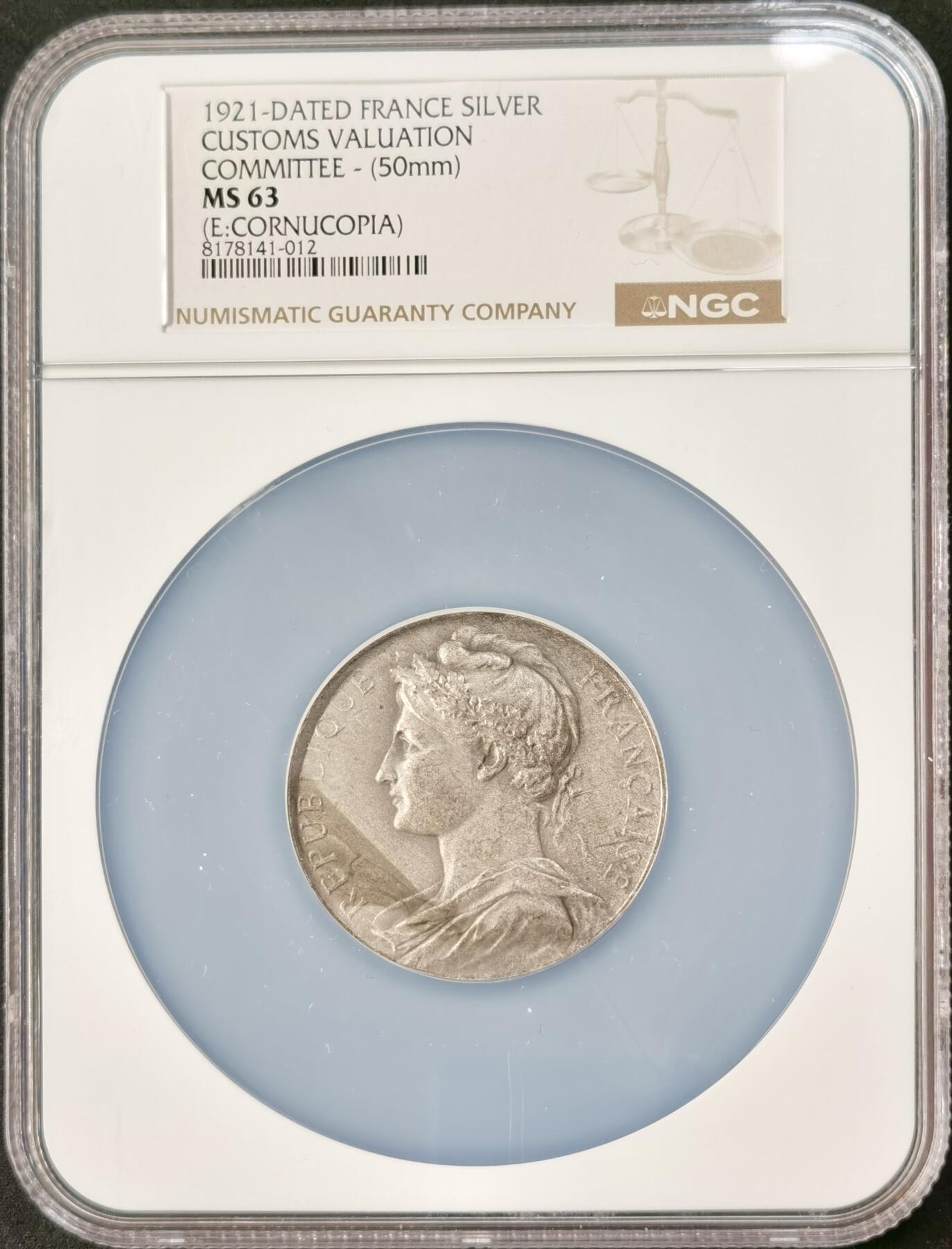 “福币呈祥”新年甄品场（直播拍卖）甄臻铺-世界币章拍卖（第50期），送拍享返佣金等优惠多多 NGC-MS63 法国 1921年 银章 商业与工业部海关估价委员会纪念巨大银章 直径50mm大银 62.9g 少见950银，授予M.BERGE.R.