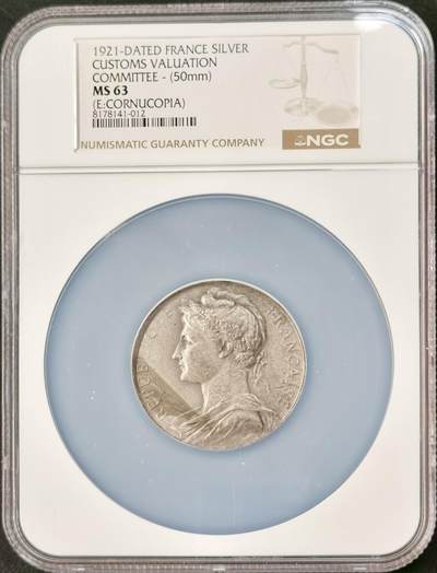 “福币呈祥”新年甄品场（直播拍卖）甄臻铺-世界币章拍卖（第50期），送拍享返佣金等优惠多多 - NGC-MS63 法国 1921年 银章 商业与工业部海关估价委员会纪念巨大银章 直径50mm大银 62.9g 少见950银，授予M.BERGE.R.