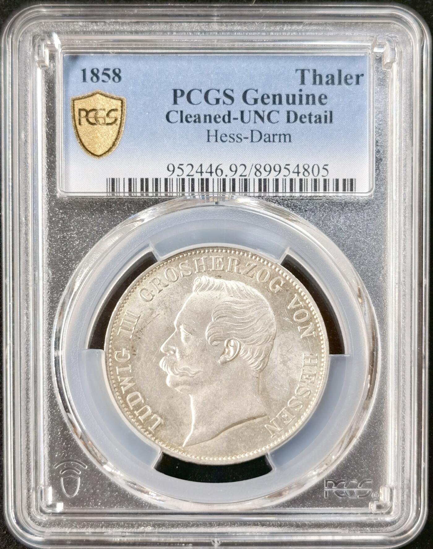 “福币呈祥”新年甄品场（直播拍卖）甄臻铺-世界币章拍卖（第50期），送拍享返佣金等优惠多多 PCGS-UNCD 1858年德国黑森-达姆施塔特小邦1泰勒，极致转光，难得的狮子脸非常清晰，低评，打出了精制的感觉