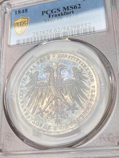 万国钱币拍卖第061期（马年首拍） PCGS MS62 1848德国法兰克福自由市宪法纪念2古尔登银币 经典双头鹰设计 浓厚五彩好品