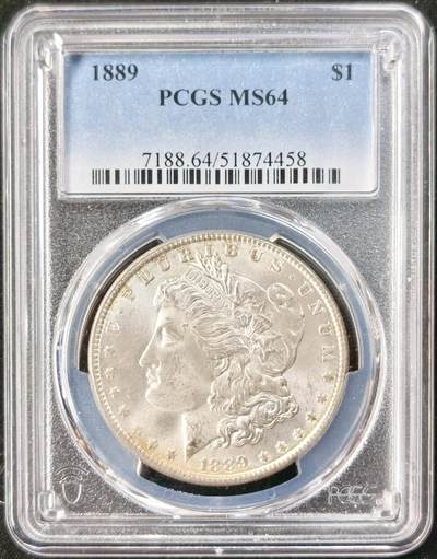 “福币呈祥”新年甄品场（直播拍卖）甄臻铺-世界币章拍卖（第50期），送拍享返佣金等优惠多多 - PCGS-MS64 美国 1889年 摩根 银币 正面环彩带银霜 背面金彩带火烧云彩