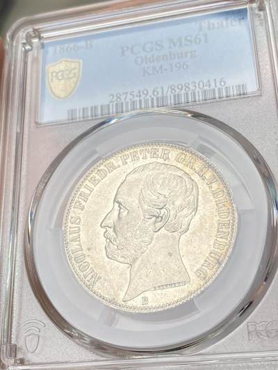 万国钱币拍卖第061期（马年首拍） PCGS MS61 1866年德国欧登堡盾徽流通1泰勒 最精美德系小邦盾徽名品之一 原味淡金彩包浆状态非常赞