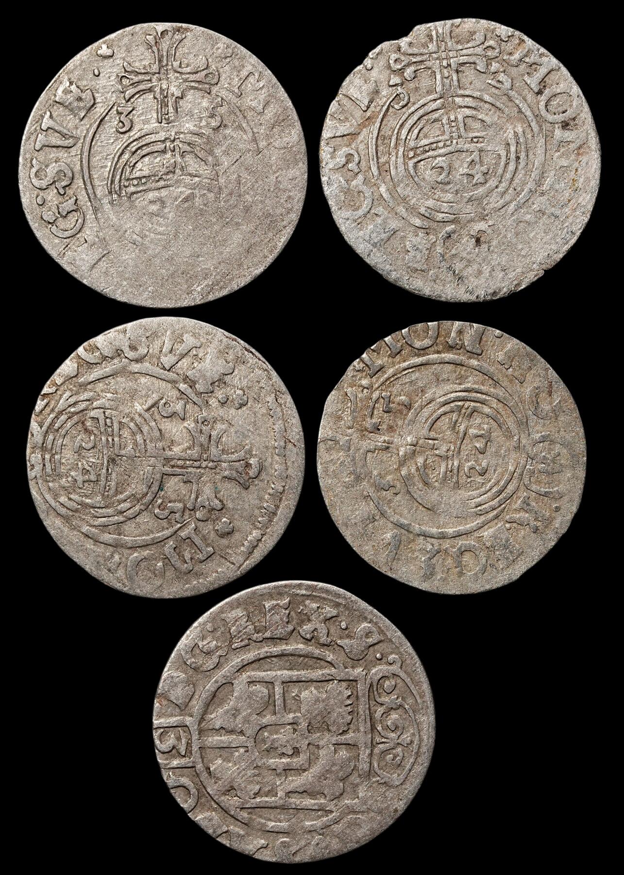 修遠堂世界钱币第105期，马年首拍 1633-1635年瑞典占领埃尔宾1/24泰勒银币5枚，总重4.97g