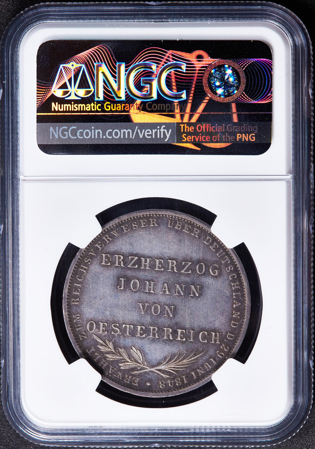 【俄甄集藏】马年新春第一拍 2026年(048)02-25星期三 晚 19:30 全场包邮 德国法兰克福1848年纪念国民议会制定宪法2盾大银币，NGC MS61，紫罗兰酱彩老包浆，原光品相