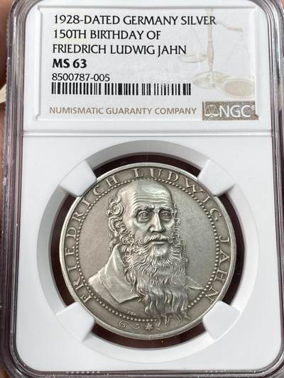 万国钱币拍卖第061期（马年首拍） - NGC MS63 1928年德国体操运动创始人路德维希·雅恩诞辰150周年入驻瓦尔哈拉英灵殿纪念银章 帝国鹰回首极其精美