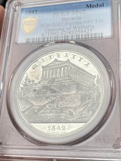 万国钱币拍卖第061期（马年首拍） PCGS SP62 1842年德国巴伐利亚瓦尔哈拉死亡圣殿落成纪念锡章 罕见哥特花体字非常漂亮 精铸镜面典藏品质