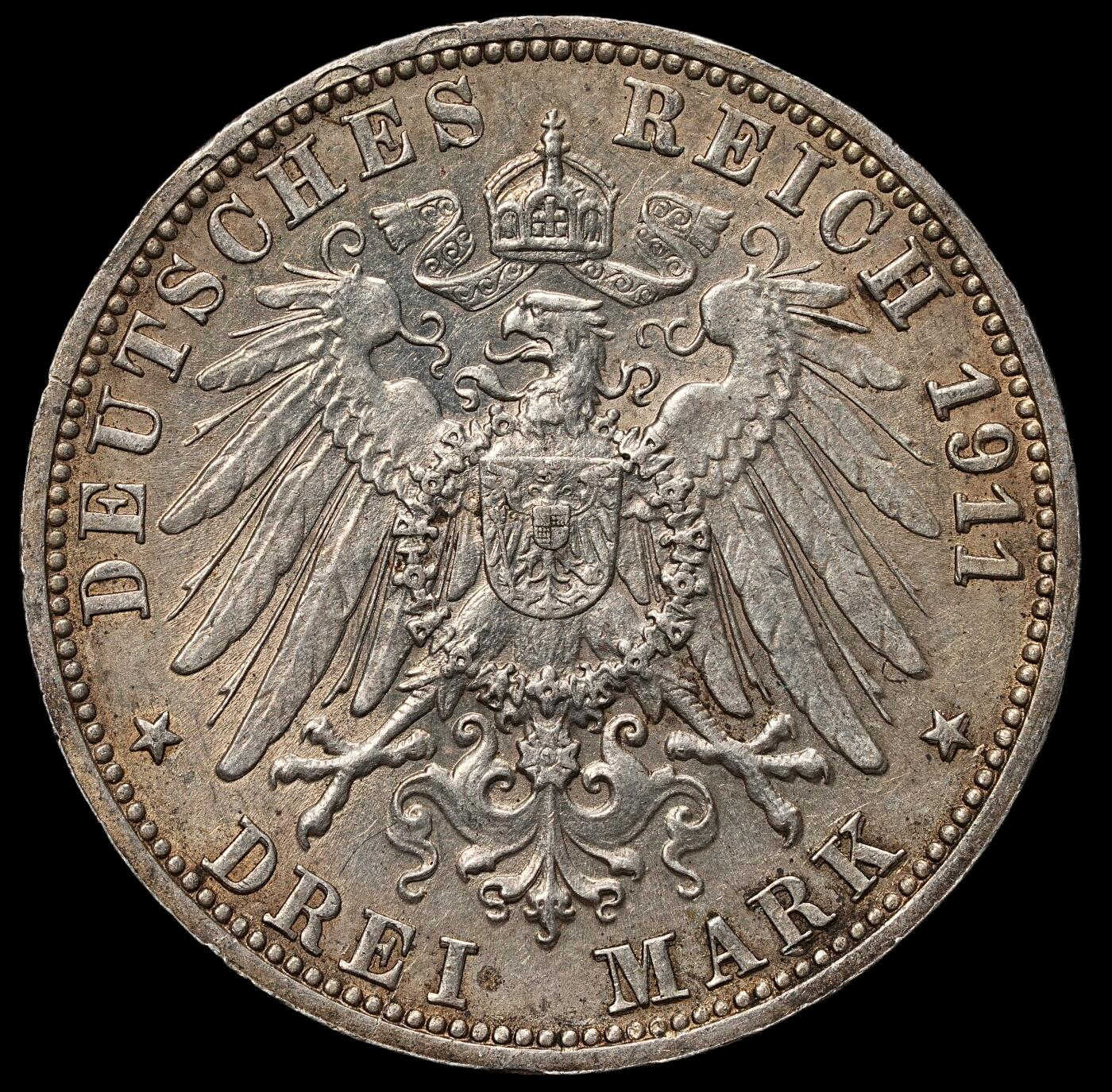 修遠堂世界钱币第105期，马年首拍 1911年符腾堡国王银婚纪念3马克银币