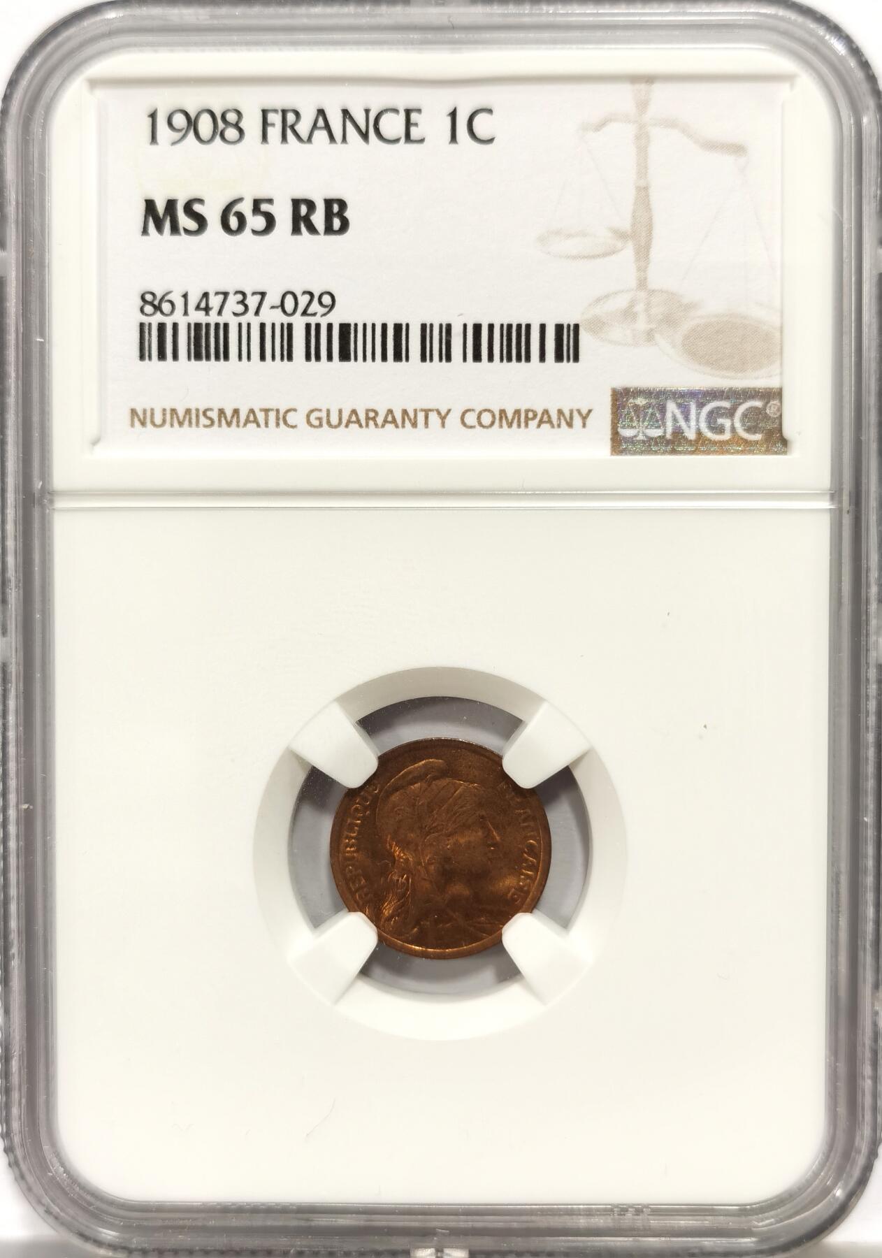 博洋堂蛇年收官专场暨第161期（全场包邮） NGC MS65RB 法国1908年玛丽安娜头像1生丁铜币，来自拍行的小批量库存，百年来未留下丝毫被岁月侵蚀的痕迹，没有理由的RB，送pc的全给了red，分数也大有低估。