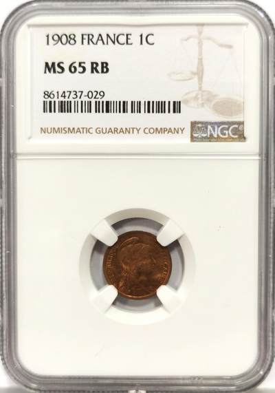 博洋堂蛇年收官专场暨第161期（全场包邮） - NGC MS65RB 法国1908年玛丽安娜头像1生丁铜币，来自拍行的小批量库存，百年来未留下丝毫被岁月侵蚀的痕迹，没有理由的RB，送pc的全给了red，分数也大有低估。
