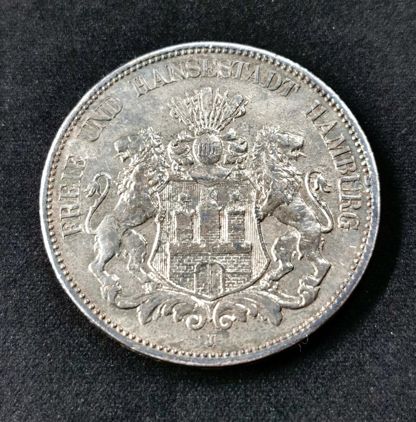 甄臻铺-世界币章拍卖（第51期），送拍享返佣金等优惠多多 1908年德国汉堡双狮盾徽长翅5马克，黄油包浆