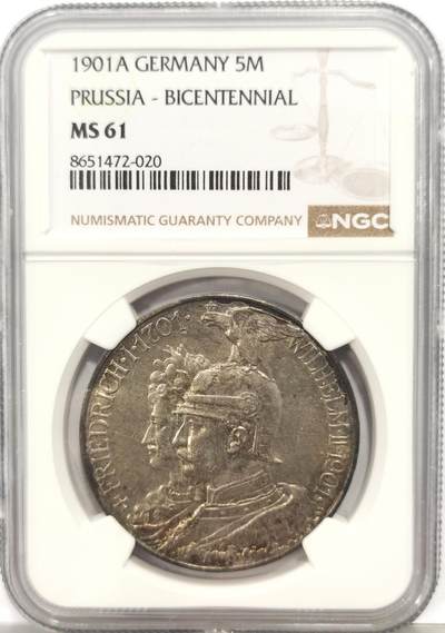 博洋堂蛇年收官专场暨第161期（全场包邮） - NGC MS61 德国普鲁士1901年建国纪念5马克银币 背面金色彩