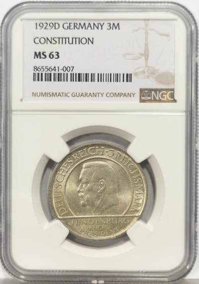 博洋堂蛇年收官专场暨第161期（全场包邮） - NGC MS63 德国魏玛1929年D版兴登堡3马克银币 黄油彩转光饱满