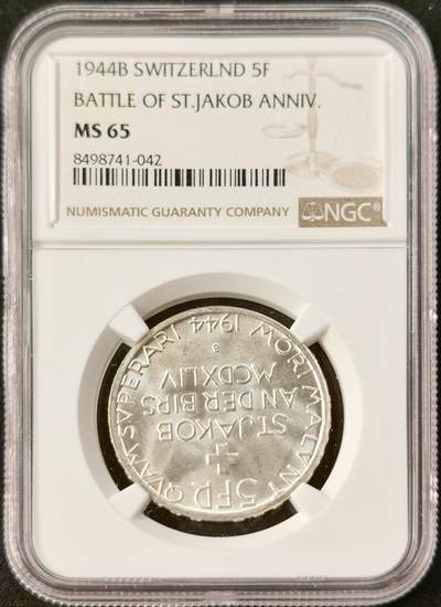 “福币呈祥”新年甄品场（直播拍卖）甄臻铺-世界币章拍卖（第50期），送拍享返佣金等优惠多多 - NGC-MS65 1944B瑞士6法郎银币雅各布战役500周年