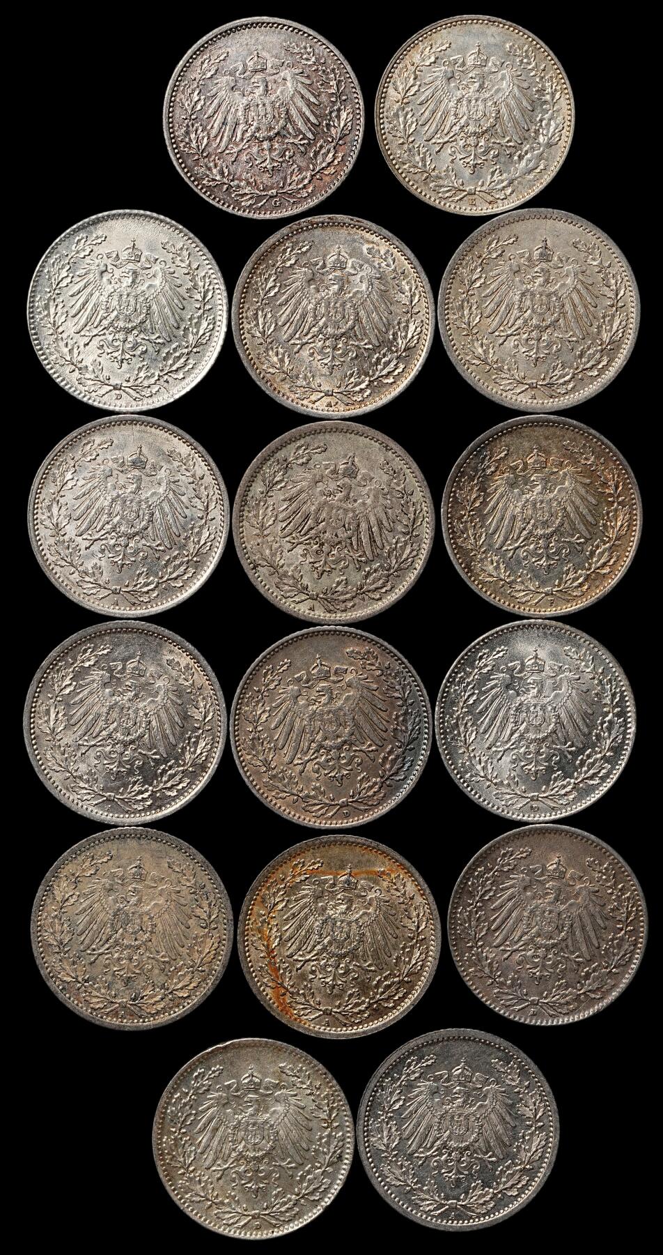 修遠堂世界钱币第105期，马年首拍 德国1/2马克银币，第一组，总重44.46g，含银90%