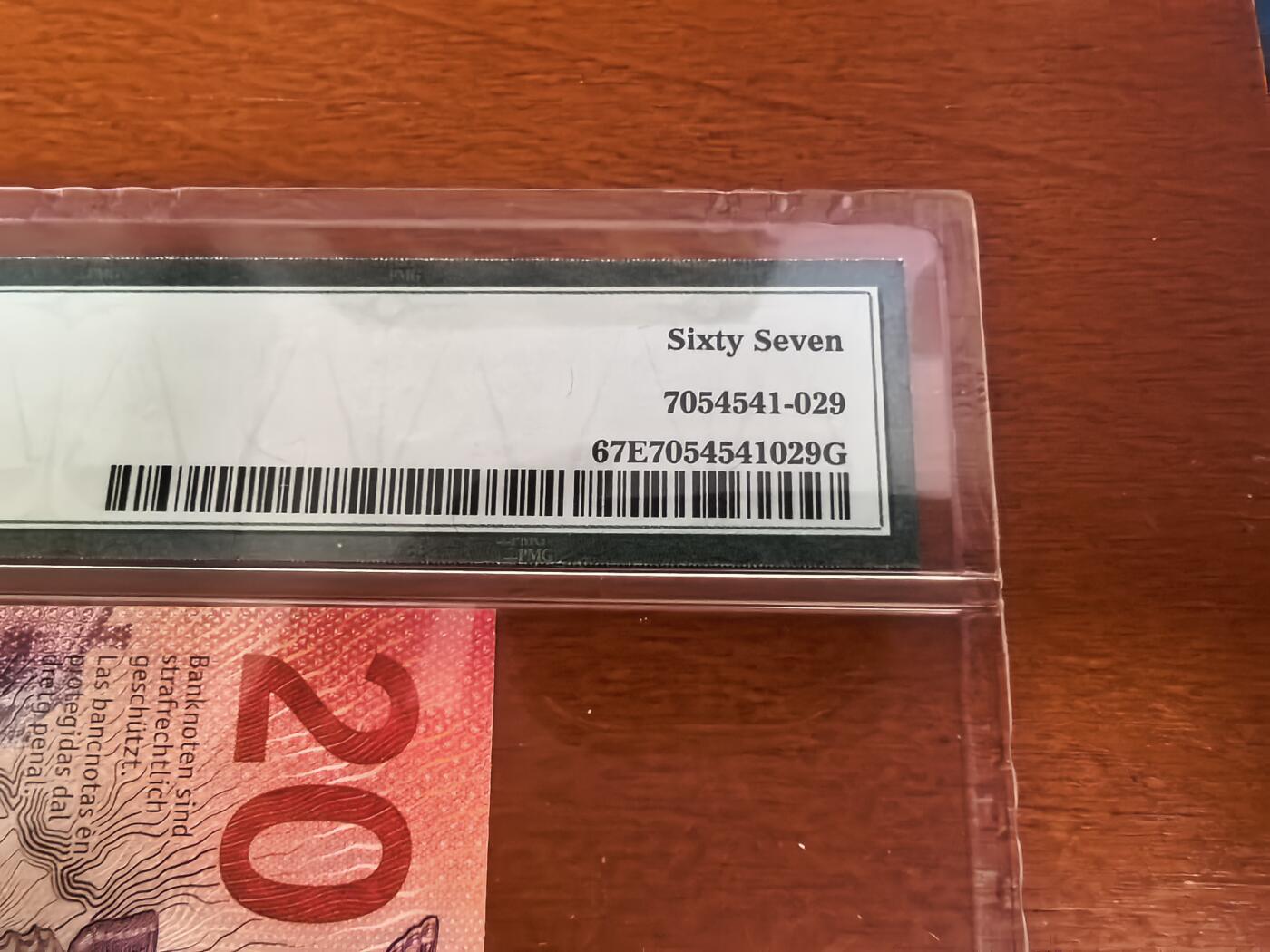 长老汇蛇年精选第一百场拍卖 2015瑞士20法郎纸钞，PMG 67