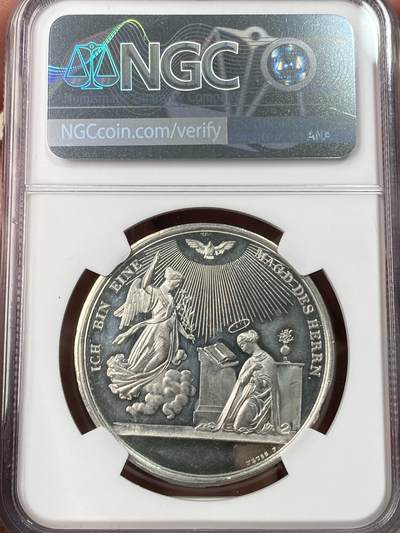 万国钱币拍卖第061期（马年首拍） NGC UNCD 1850年德国新教宗教坚信礼纪念合金章 小天使为拿着鲜花的耶稣基督献上花环 背面两位天使在圣灵的照耀下 精铸镜面喷砂罕见品种