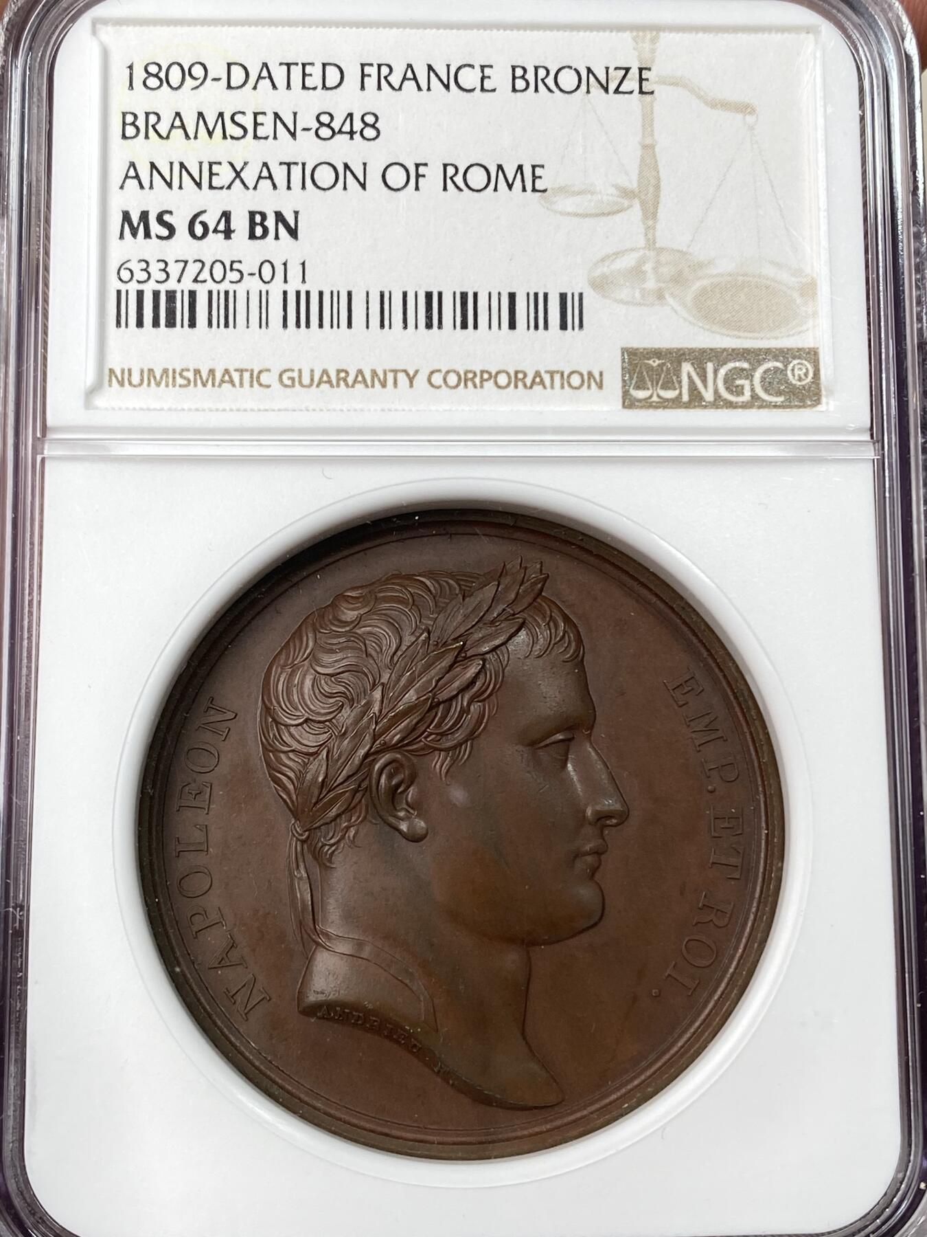 万国钱币拍卖第061期（马年首拍） NGC MS64 1809年法国拿破仑一世征服罗马原铸纪念大铜章 背面提伯河河神手持丰饶角祝贺 远处山顶上为帕特农神庙