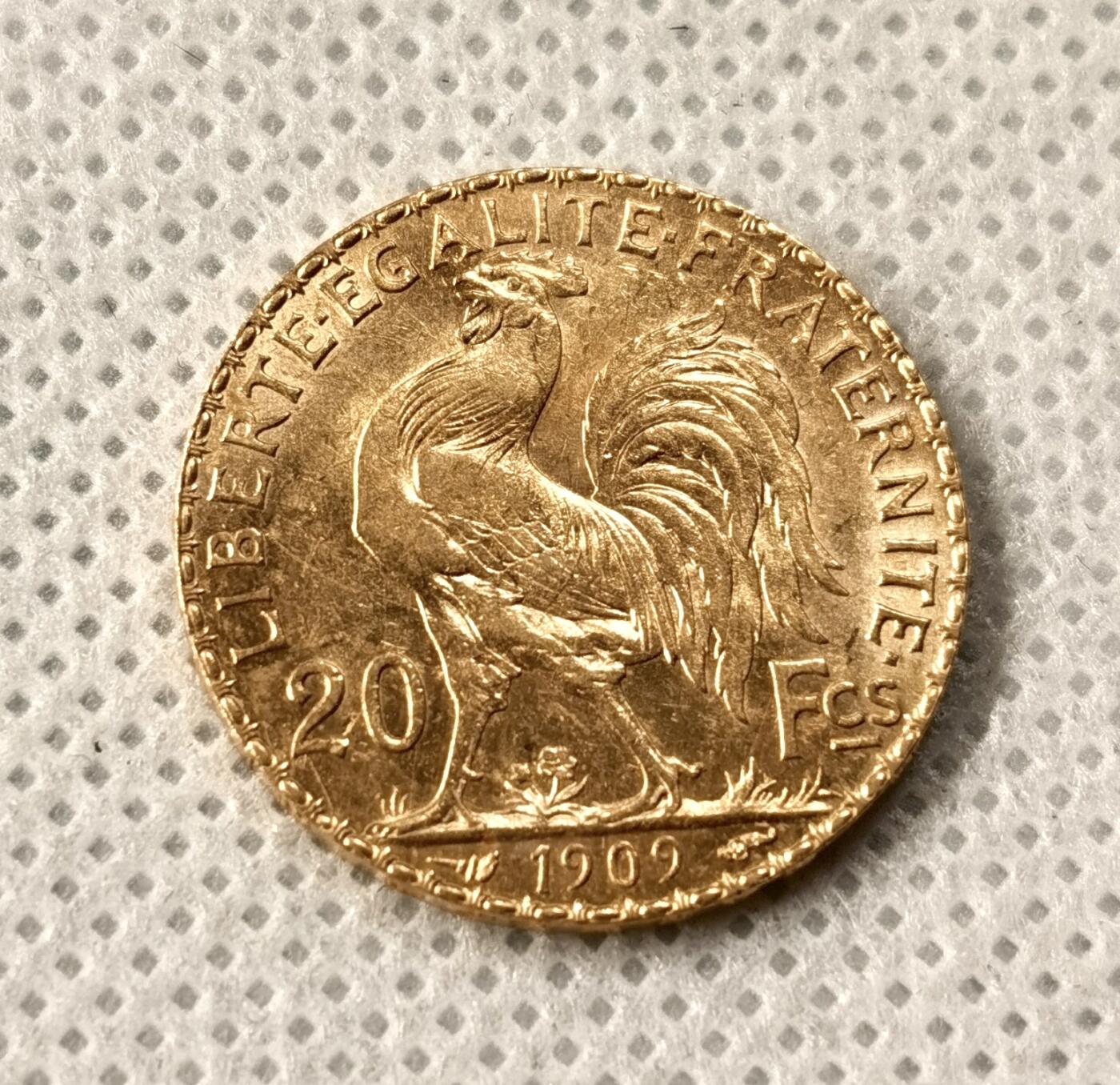 “福币呈祥”新年甄品场（直播拍卖）甄臻铺-世界币章拍卖（第50期），送拍享返佣金等优惠多多 法国 1909年 20法郎 玛丽安娜高卢雄鸡 金币 6.45g 900金