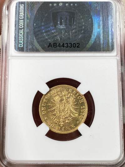 万国钱币拍卖第061期（马年首拍） CCG MS64 1874年德国巴伐利亚路德维希二世短翅20马克金币 仅两年发行的早期流通短翅金马克 黄金转光打制锋利 好品难得品种 意大利评级盒子品相请自辨 7.96g，900金。