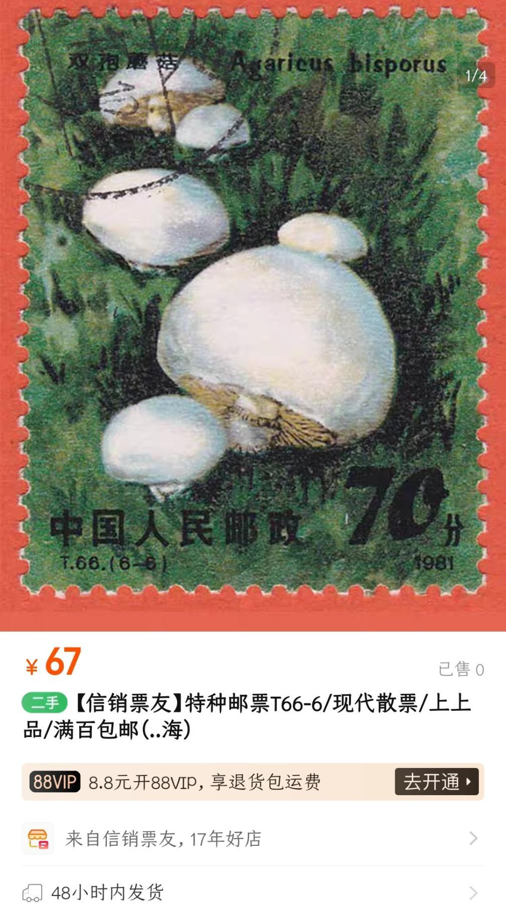 洪涛臻品批发群 精选邮票限时拍卖第1261期  T66食用菌70分大筋 面艳背白票挺无人为 信销近全品【尾图他人在售67元】