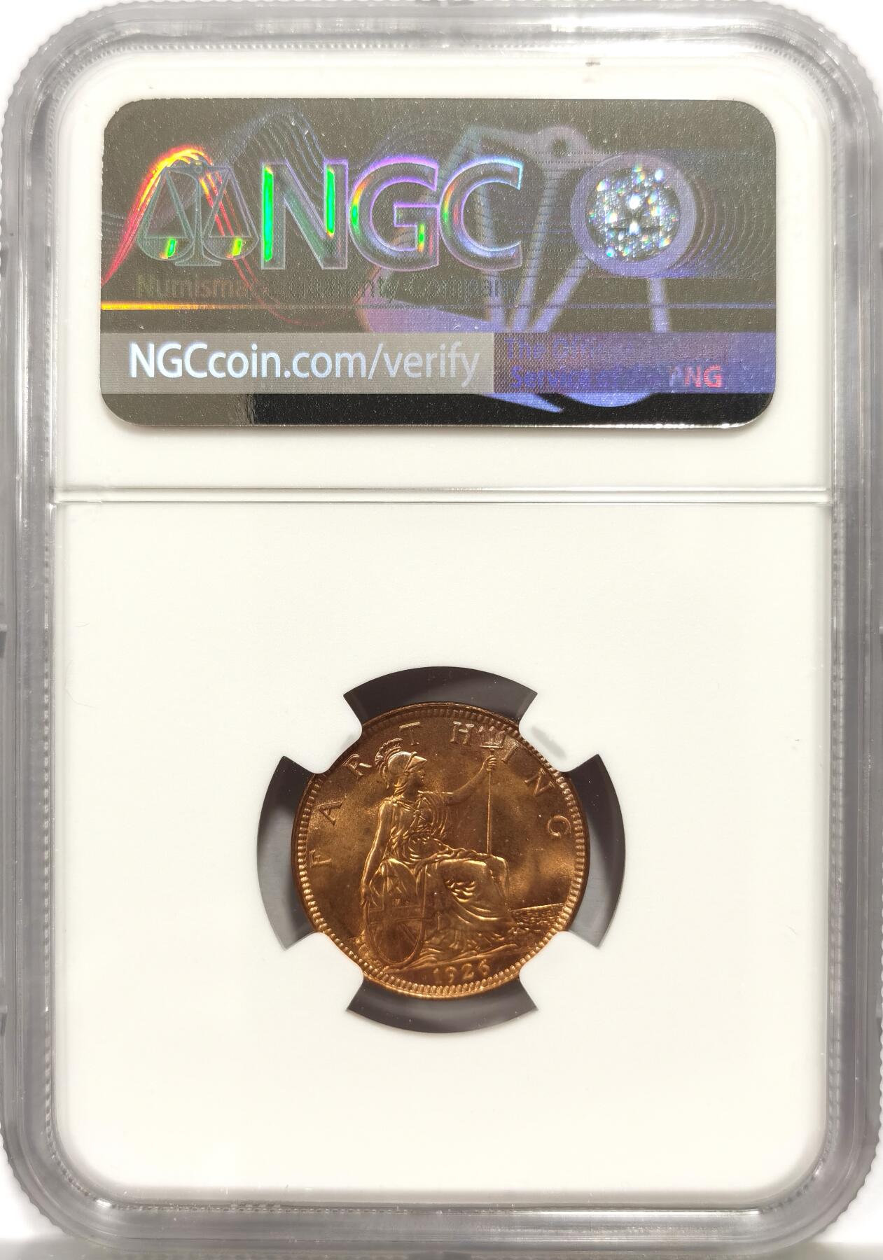 博洋堂蛇年收官专场暨第161期（全场包邮） NGC MS65RB 英国1926年乔治五世国王1法新，1/4便士铜币。第三版头像 相较前两版对于细节的营造更为清晰，整体更加工整。高分难得，但是实际状态严评送pc大概率给red的品相，分数或可更高。
