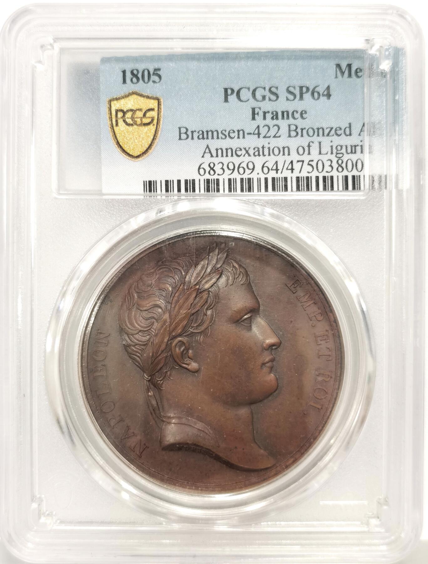 博洋堂蛇年收官专场暨第161期（全场包邮） PCGS SP64 亚军分！法国1805年拿破仑一世吞并利古里亚原铸铜章 巴黎造币厂 巧克力包浆 左边拿破仑身穿古罗马元老院服饰cos凯撒，接受右边着罗马将军长袍的利古里亚首领低头屈服，两侧饰有象征性的鹰和船头，记录着拿皇攻城略地的丰功伟绩，衣服缕缕毕现生动刻画，人像稀少品种，加厚盒 仅一枚更高分