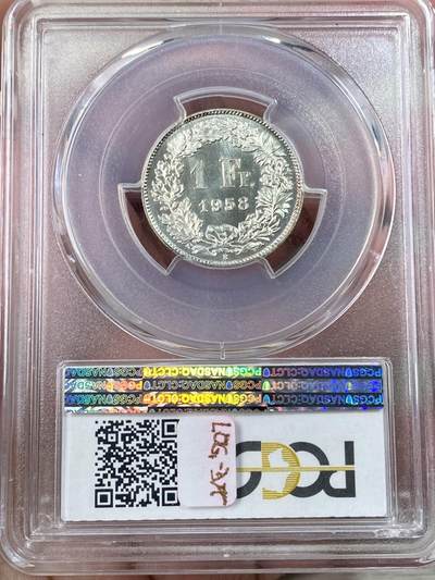 万国钱币拍卖第061期（马年首拍） PCGS SP67 1944-1958年瑞士联邦女神持盾1法郎和1/2法郎一组两枚 银霜转光GEM级