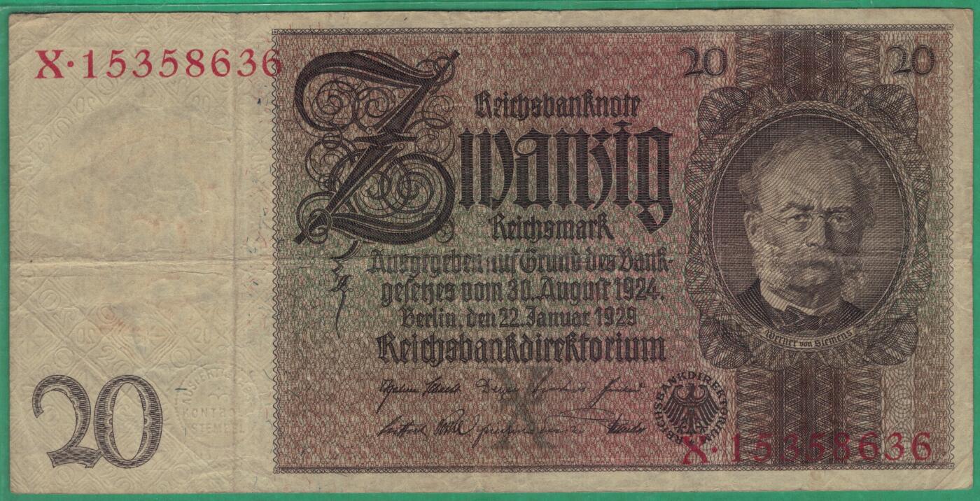德国1929年20马克 P-181a 头像水印版 加盖字母X 无47 实物图 八五品