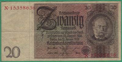 德国1929年20马克 P-181a 头像水印版 加盖字母X 无47 实物图 八五品 - 德国1929年20马克 P-181a 头像水印版 加盖字母X 无47 实物图 八五品