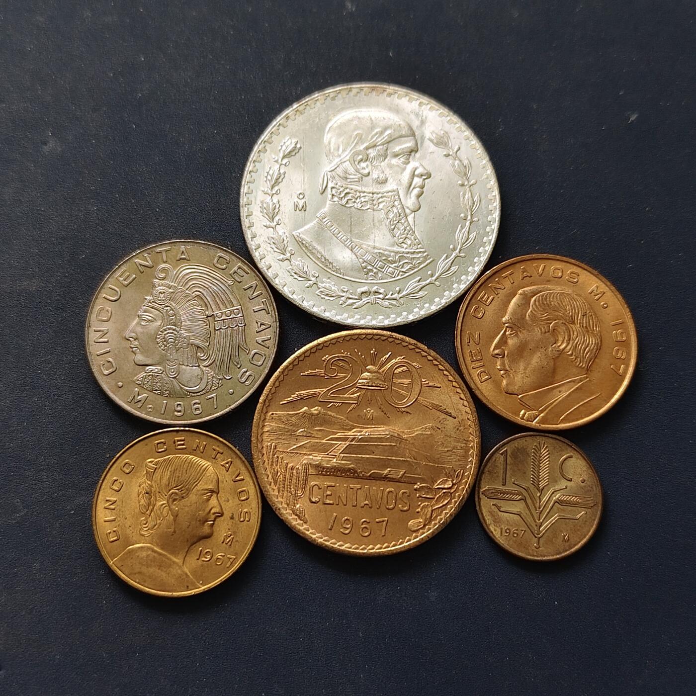 【全场包邮】纯粹捡漏拍502场 墨西哥1967年清年份BU品相6枚套币