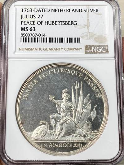 万国钱币拍卖第061期（马年首拍） - NGC MS63 1763年尼德兰联省共和国巴黎合约纪念银章 44M 正面战神MARS收起利剑坐在战利品上 背面荷兰女神指向荷兰战舰标注坚定者和自由者 巴黎和约是1763年英、法、西班牙等国为结束七年战争而签订的和平条约 标志着欧洲列强在北美、印度等地殖民争霸的阶段性终结 顶级精铸镜面高浮雕喷砂收藏级品质 麦稀奇首拍超罕见品种