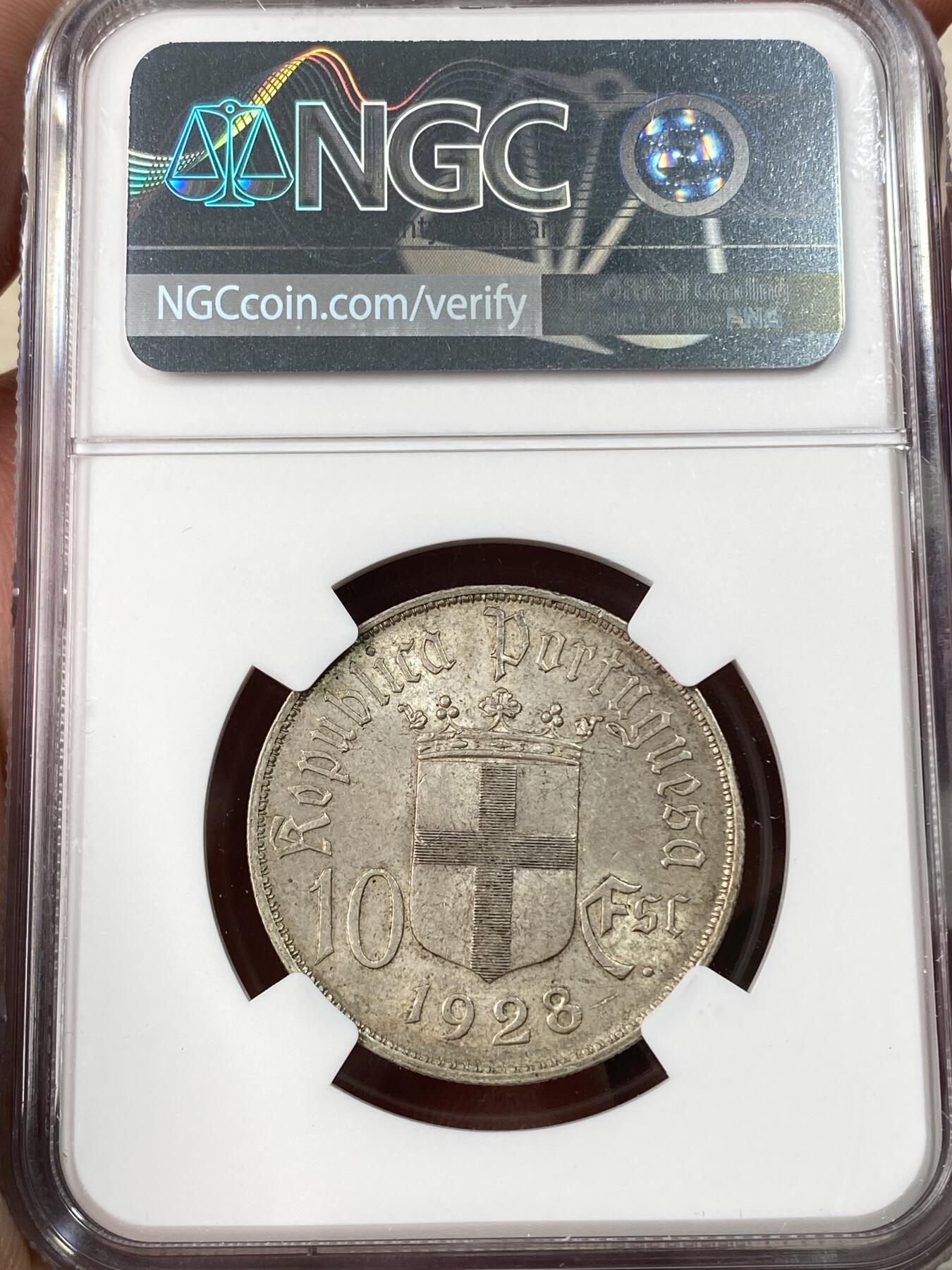万国钱币拍卖第061期（马年首拍） NGC MS63 1928年葡萄牙欧里基战役纪念10E银币 原味包浆也掩盖不住的十字转光迸发