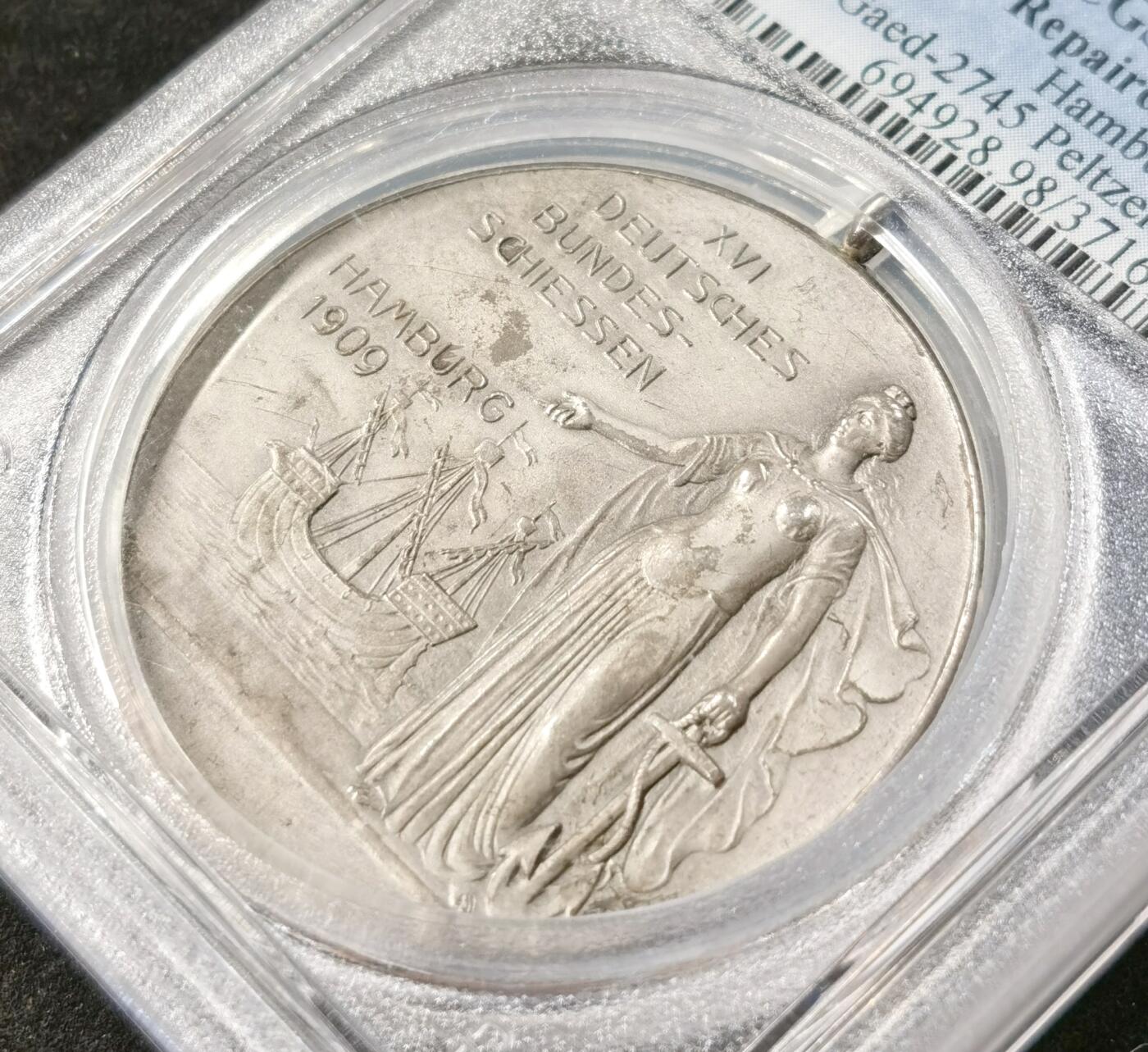 “福币呈祥”新年甄品场（直播拍卖）甄臻铺-世界币章拍卖（第50期），送拍享返佣金等优惠多多 PCGS-UNC 1909 第16届汉堡射击节，加厚盒，含高清图